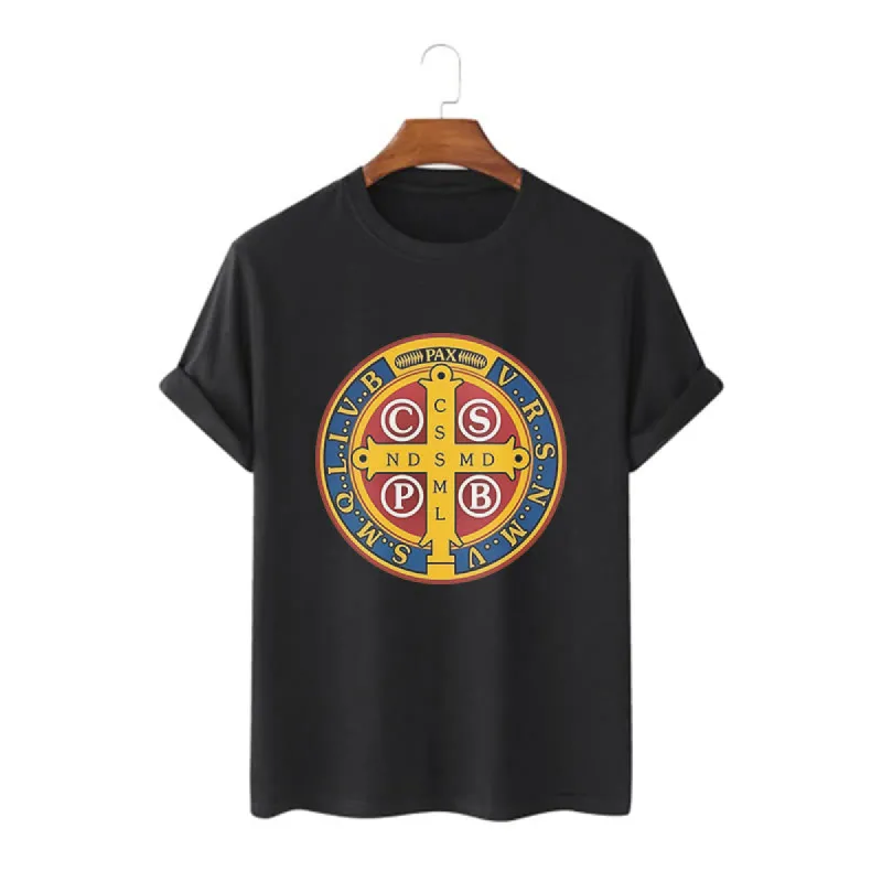 Christianartworkshop Classic Style Golden St. Benedict Medal Short Sleeve T-shirt sold by Christian Art Workshop