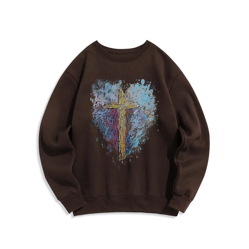 Christianartworkshop Colored Style Radiant Cross Of Hope Fleece Lined Polyester Sweatshirt sold by Christian Art Workshop
