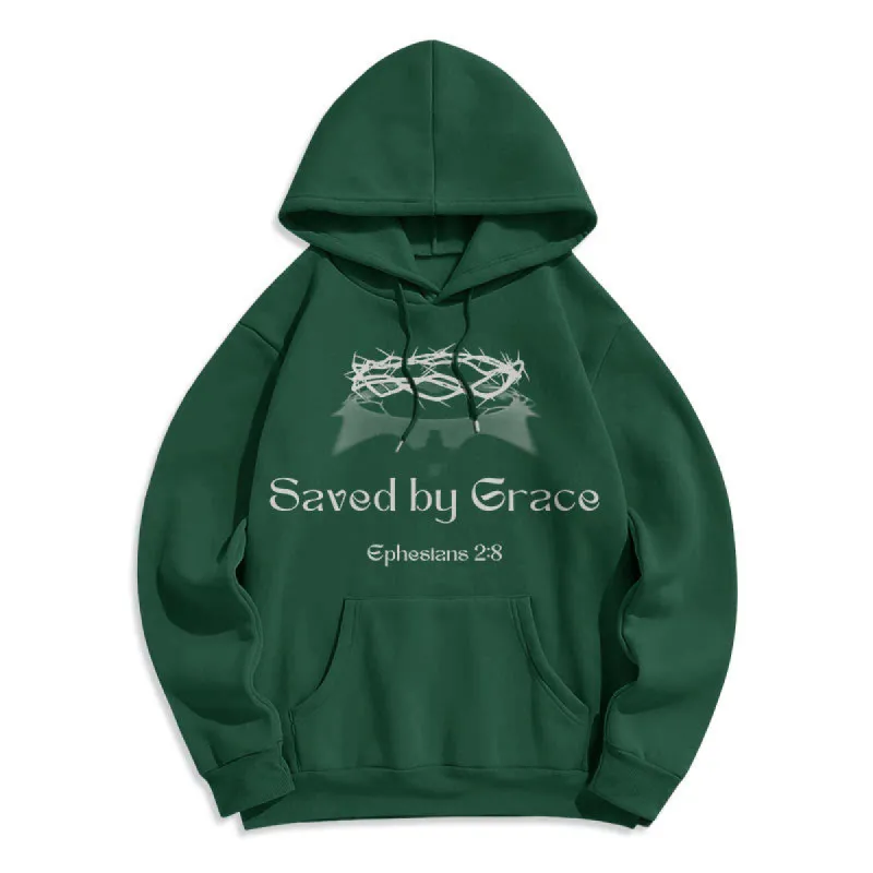 Christianartworkshop Quotation Style Saved By Grace Crown Fleece Lined Polyester Hoodie sold by Christian Art Workshop