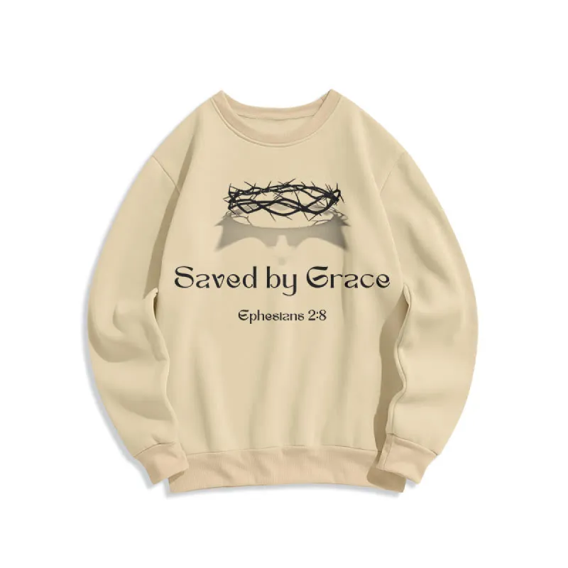 Christianartworkshop Quotation Style Saved By Grace Crown Fleece Lined Polyester Sweatshirt sold by Christian Art Workshop