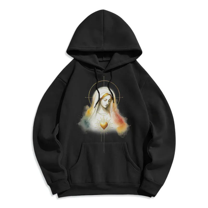 Christianartworkshop Modern Style Halo Sacred Heart Virgin Mary Fleece Lined Polyester&nbsp;Hoodie sold by Christian Art Workshop