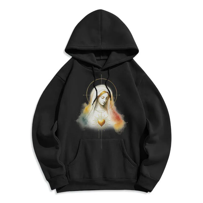 Christianartworkshop Modern Style Halo Sacred Heart Virgin Mary Fleece Lined Polyester Hoodie sold by Christian Art Workshop