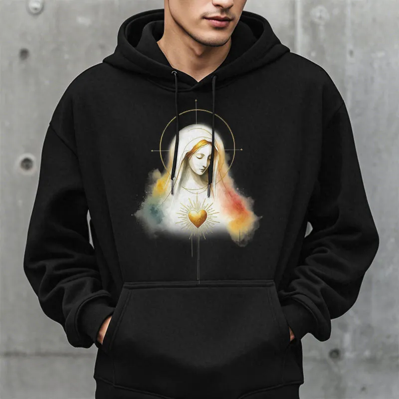 Christianartworkshop Modern Style Halo Sacred Heart Virgin Mary Fleece Lined Polyester Hoodie sold by Christian Art Workshop product image thumbnail 5