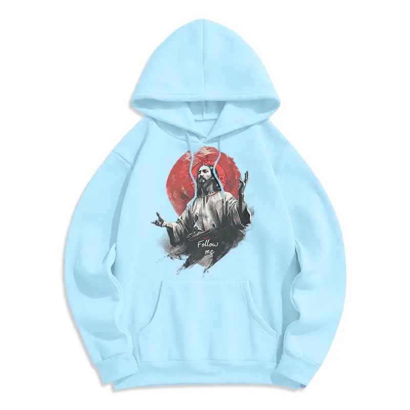 Christianartworkshop Classic Style Jesus Halo Follow Me Fleece Lined Polyester Hoodie sold by Christian Art Workshop