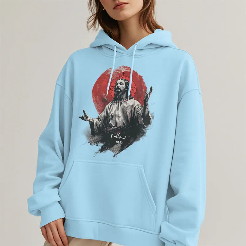 Christianartworkshop Classic Style Jesus Halo Follow Me Fleece Lined Polyester Hoodie sold by Christian Art Workshop product image thumbnail 5