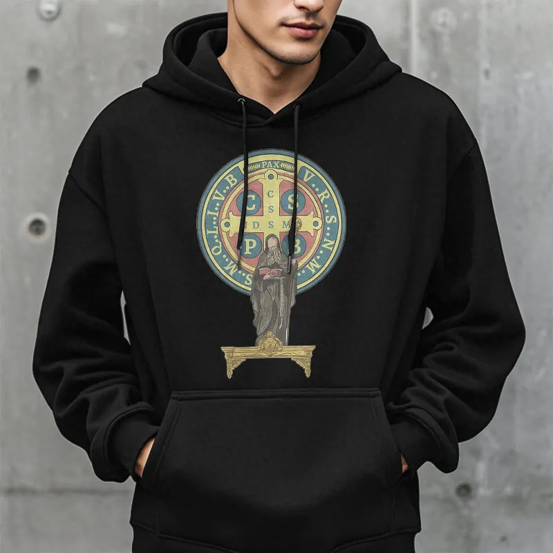 Christianartworkshop Classic Colored Style St. Benedict Medal Statue Fleece Lined Polyester Hoodie sold by Christian Art Workshop product image thumbnail 5