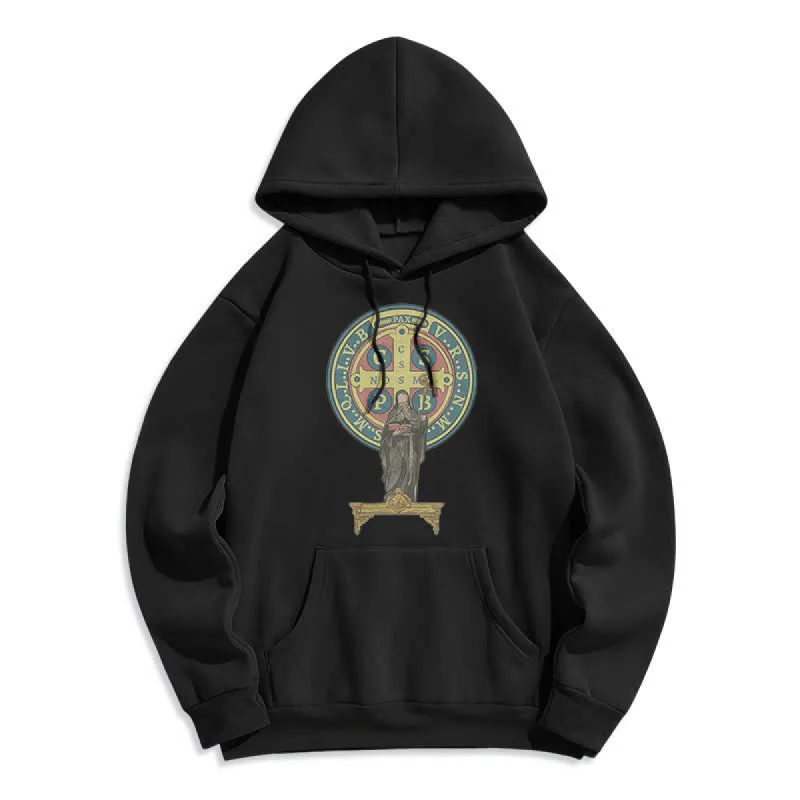 Christianartworkshop Classic Colored Style St. Benedict Medal Statue Fleece Lined Polyester Hoodie sold by Christian Art Workshop