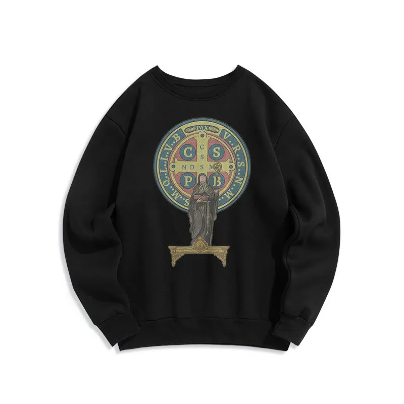 Christianartworkshop Classic Colored Style St. Benedict Medal Statue Fleece Lined Polyester Sweatshirt sold by Christian Art Workshop