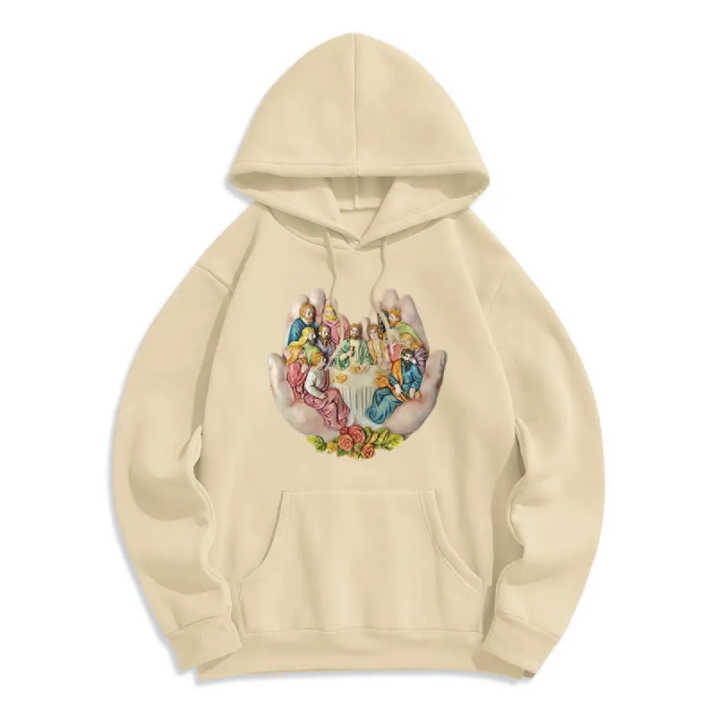 Christianartworkshop Modern Colored Style Last Supper in God's Hands Fleece Lined Polyester Hoodie sold by Christian Art Workshop