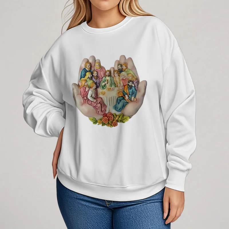 Christianartworkshop Modern Colored Style Last Supper in God's Hands Fleece Lined Polyester Sweatshirt sold by Christian Art Workshop product image thumbnail 5