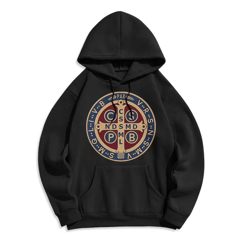 Christianartworkshop Classic Colored Style St. Benedict Protector Fleece Lined Polyester Hoodie sold by Christian Art Workshop