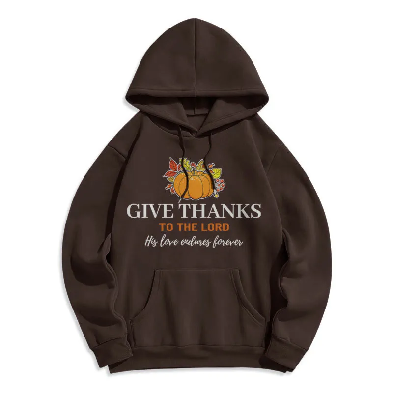 Christianartworkshop Modern Style Give Thanks to the Lord Pumpkin Fleece Lined Polyester Hoodie sold by Christian Art Workshop
