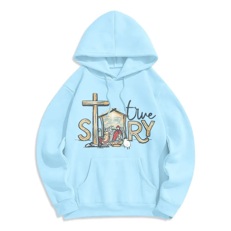 Christianartworkshop Modern Style True Story Nativity Scene Fleece Lined Polyester Hoodie sold by Christian Art Workshop