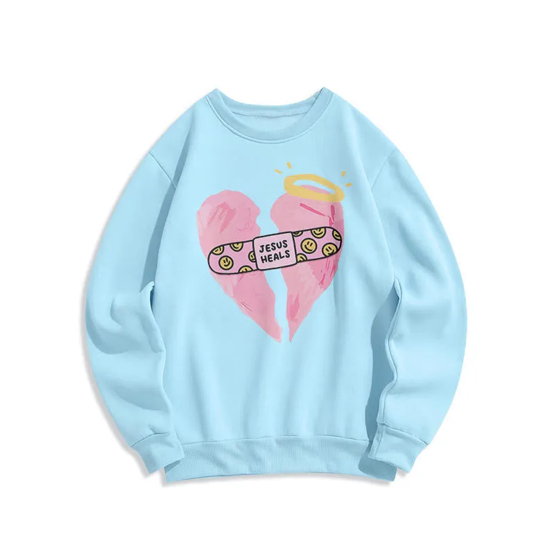 Christianartworkshop Colored Style Jesus Heals Broken Heart Fleece Lined Polyester Sweatshirt sold by Christian Art Workshop