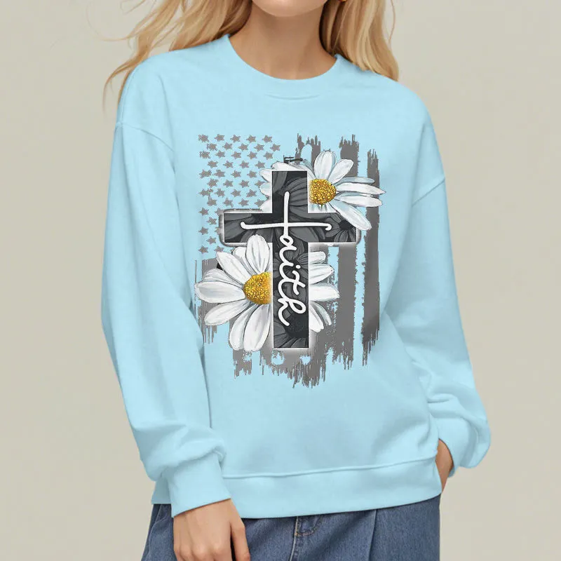 Christianartworkshop Modern Style Faith Cross and Daisies Fleece Lined Polyester Sweatshirt sold by Christian Art Workshop product image thumbnail 3