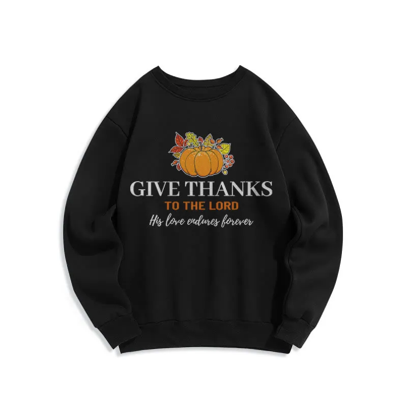 Christianartworkshop Modern Style Give Thanks to the Lord Pumpkin Fleece Lined Polyester Sweatshirt sold by Christian Art Workshop