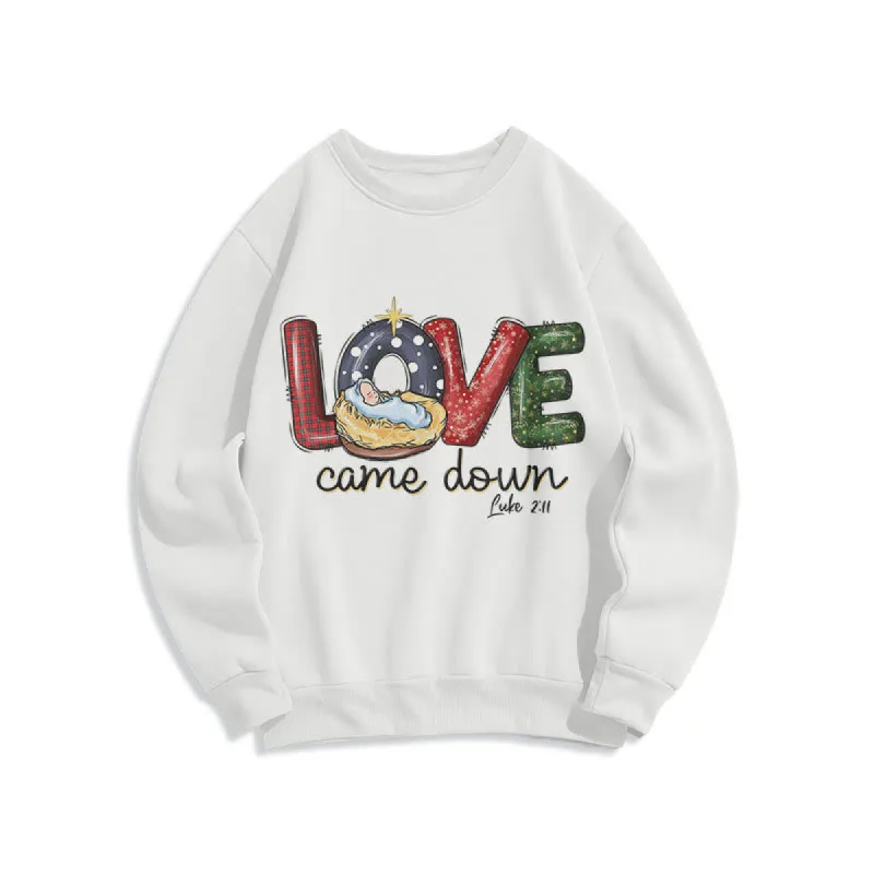 Christianartworkshop Colored Style Love Came Down Christmas Fleece Lined Polyester Sweatshirt sold by Christian Art Workshop