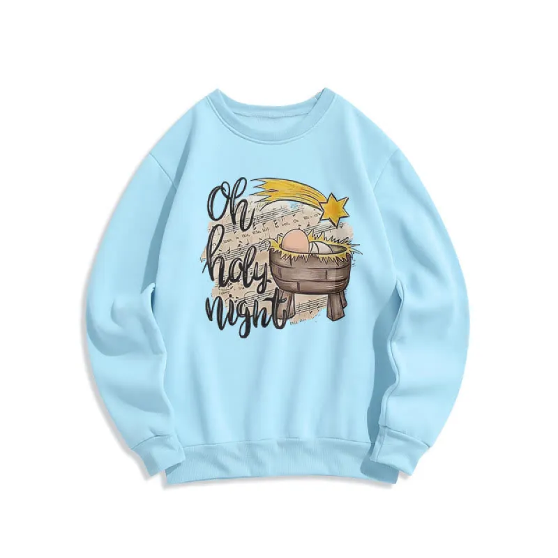 Christianartworkshop Colored Style Holy Night Cradle Nativity Scene Fleece Lined Polyester Sweatshirt sold by Christian Art Workshop