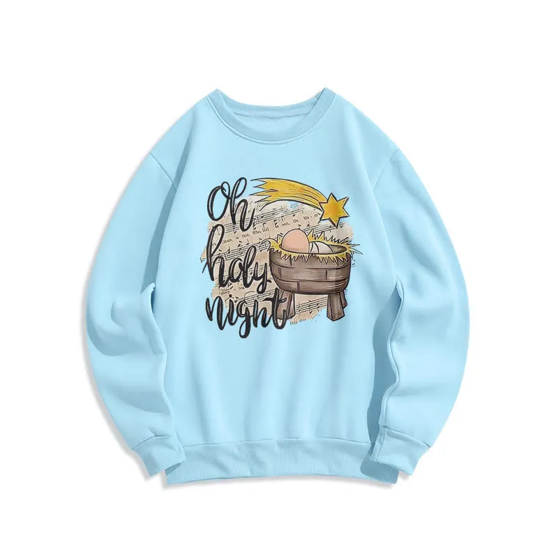 Christianartworkshop Colored Style Holy Night Cradle Nativity Scene Fleece Lined Polyester Sweatshirt sold by Christian Art Workshop
