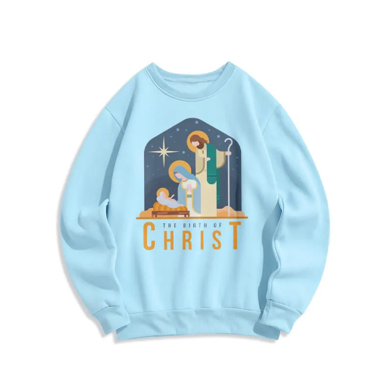 Christianartworkshop Colored Style Birth Of Christ Nativity Scene Fleece Lined Polyester Sweatshirt sold by Christian Art Workshop