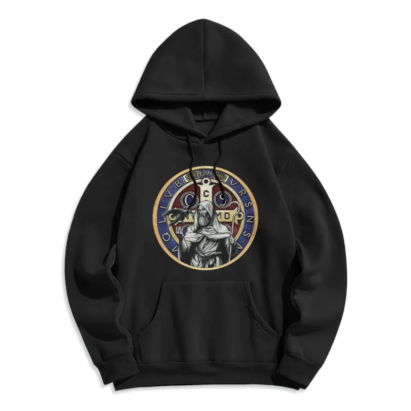 Christianartworkshop Classic Colored Style St. Benedict Figure Emblem Fleece Lined Polyester Hoodie sold by Christian Art Workshop
