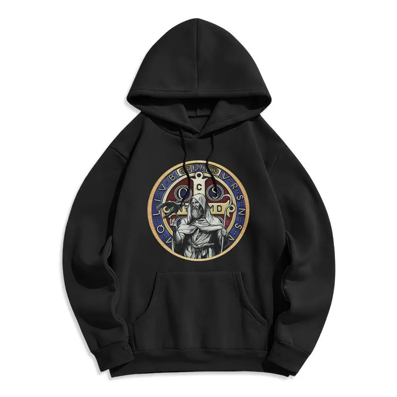 Christianartworkshop Classic Colored Style St. Benedict Figure Emblem Fleece Lined Polyester Hoodie sold by Christian Art Workshop