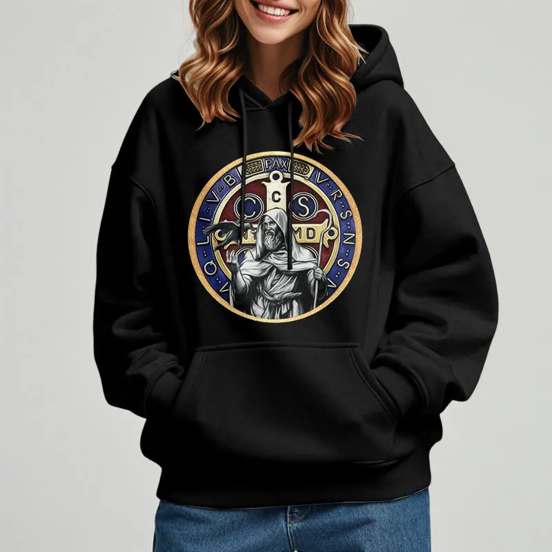 Christianartworkshop Classic Colored Style St. Benedict Figure Emblem Fleece Lined Polyester Hoodie sold by Christian Art Workshop product image thumbnail 2