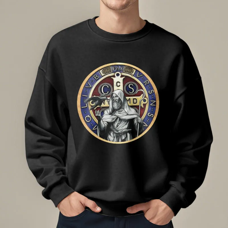 Christianartworkshop Classic Colored Style St. Benedict Figure Emblem Fleece Lined Polyester Sweatshirt sold by Christian Art Workshop product image thumbnail 3