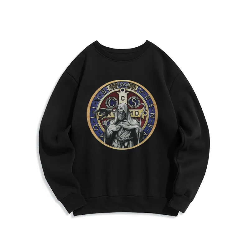 Christianartworkshop Classic Colored Style St. Benedict Figure Emblem Fleece Lined Polyester Sweatshirt sold by Christian Art Workshop
