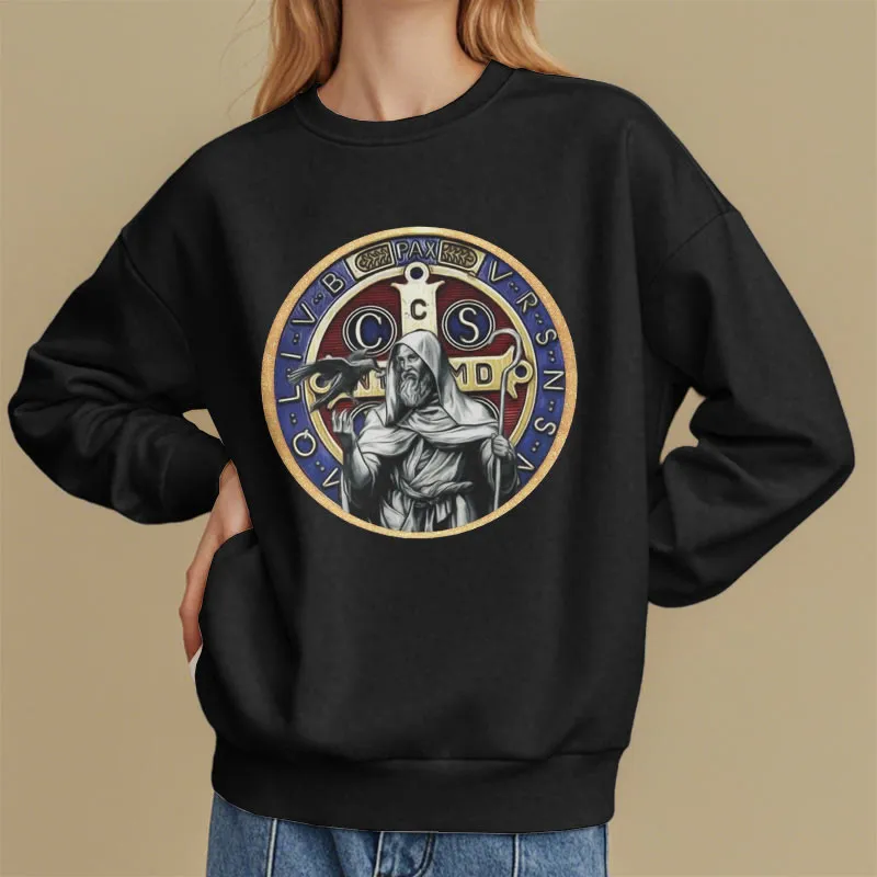 Christianartworkshop Classic Colored Style St. Benedict Figure Emblem Fleece Lined Polyester Sweatshirt sold by Christian Art Workshop product image thumbnail 2