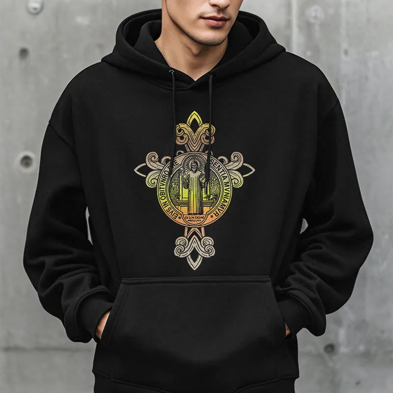 Christianartworkshop Colored Style St. Benedict Emblem Scrollwork Fleece Lined Polyester Hoodie sold by Christian Art Workshop product image thumbnail 3
