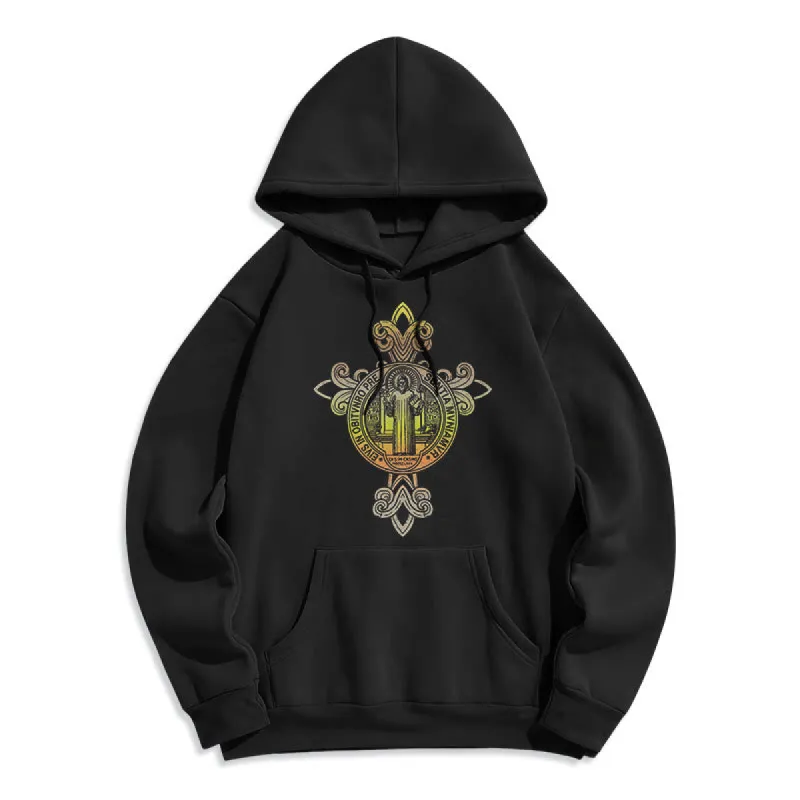 Christianartworkshop Colored Style St. Benedict Emblem Scrollwork Fleece Lined Polyester Hoodie sold by Christian Art Workshop