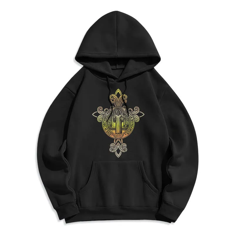 Christianartworkshop Colored Style St. Benedict Emblem Scrollwork Fleece Lined Polyester Hoodie sold by Christian Art Workshop