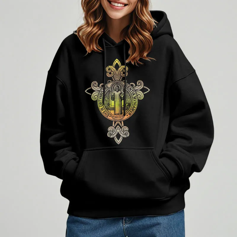Christianartworkshop Colored Style St. Benedict Emblem Scrollwork Fleece Lined Polyester Hoodie sold by Christian Art Workshop product image thumbnail 2
