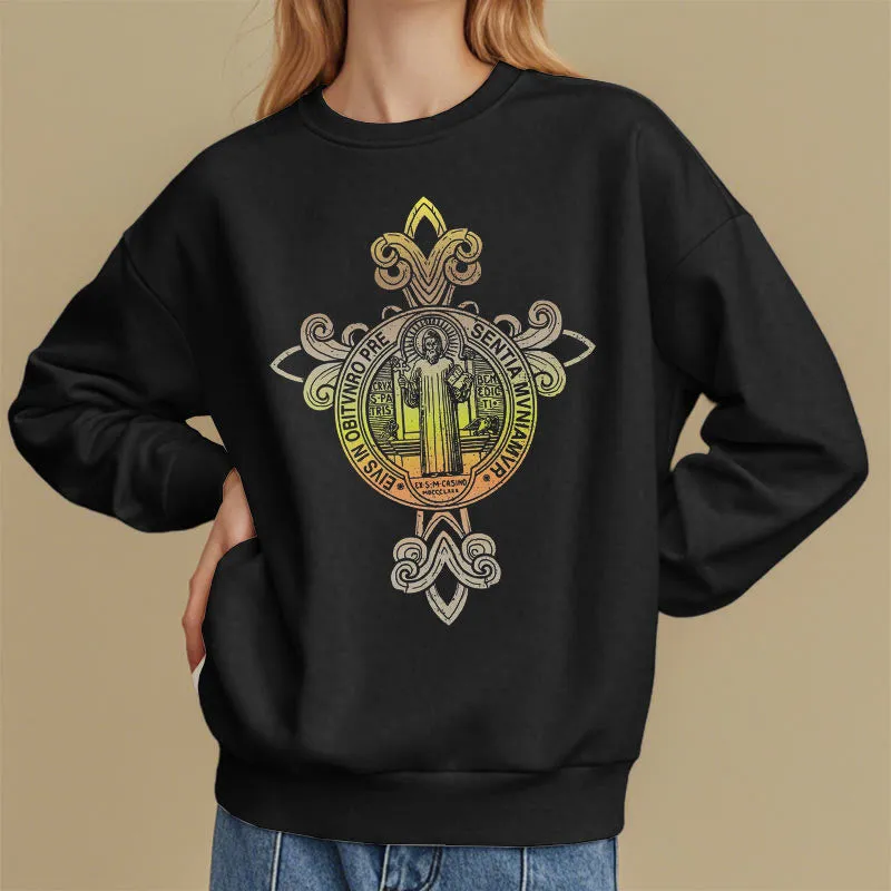 Christianartworkshop Colored Style St. Benedict Emblem Scrollwork Fleece Lined Polyester Sweatshirt sold by Christian Art Workshop product image thumbnail 3
