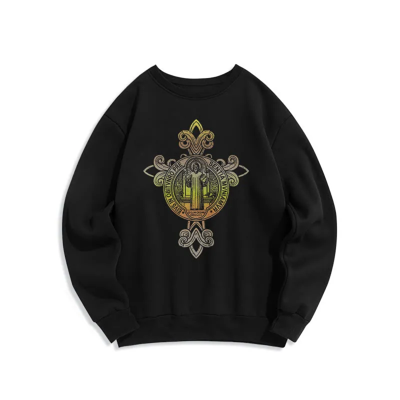 Christianartworkshop Colored Style St. Benedict Emblem Scrollwork Fleece Lined Polyester Sweatshirt sold by Christian Art Workshop