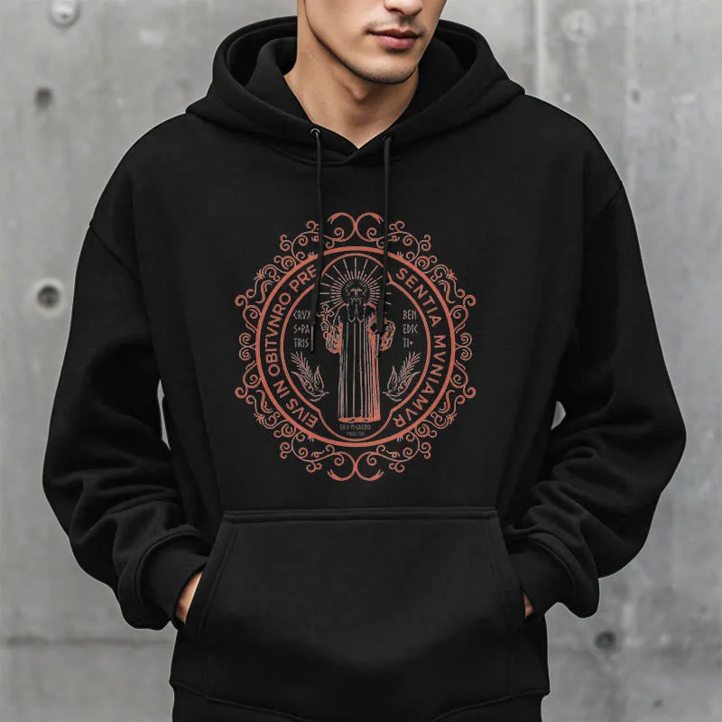 Christianartworkshop Classic Style Floral St. Benedict Embelm Fleece Lined Polyester Hoodie sold by Christian Art Workshop product image thumbnail 2