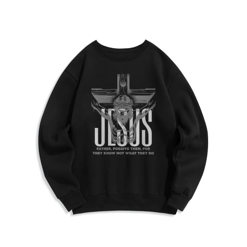 Christianartworkshop Classic Style Father Forgive Them Crucifix Fleece Lined Polyester Sweatshirt sold by Christian Art Workshop