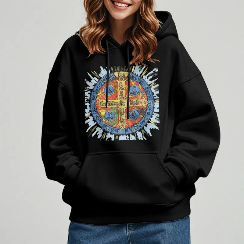Christianartworkshop Classic Colored Style Pax Benedictine Cross Fleece Lined Polyester Hoodie sold by Christian Art Workshop product image thumbnail 2