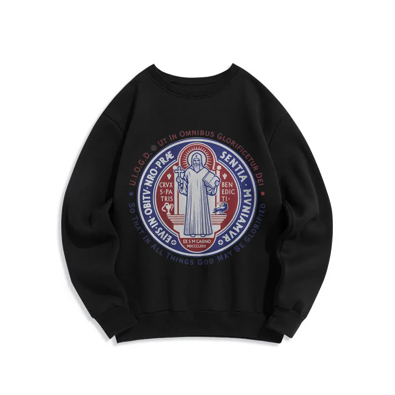 Christianartworkshop  Classic Colored Style St. Benedict Medal Emblem Fleece Lined Polyester Sweatshirt sold by Christian Art Workshop