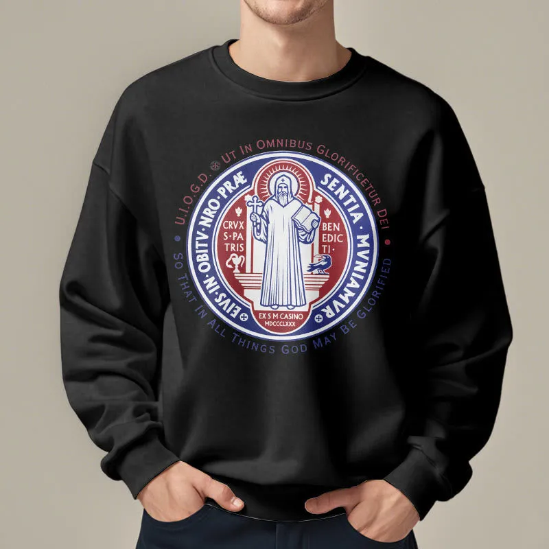 Christianartworkshop Classic Colored Style St. Benedict Medal Emblem Fleece Lined Polyester Sweatshirt sold by Christian Art Workshop product image thumbnail 2