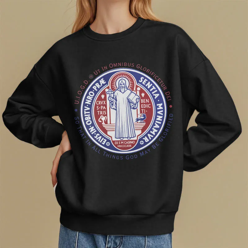 Christianartworkshop Classic Colored Style St. Benedict Medal Emblem Fleece Lined Polyester Sweatshirt sold by Christian Art Workshop product image thumbnail 3