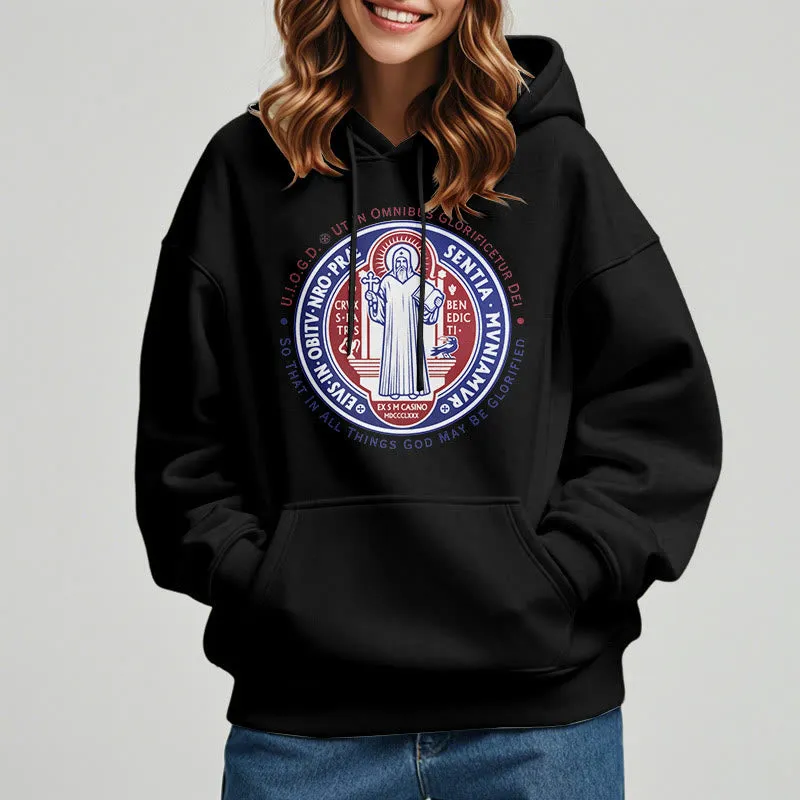 Christianartworkshop Classic Colored Style St. Benedict Medal Emblem Fleece Lined Polyester Hoodie sold by Christian Art Workshop product image thumbnail 2