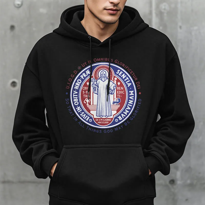 Christianartworkshop Classic Colored Style St. Benedict Medal Emblem Fleece Lined Polyester Hoodie sold by Christian Art Workshop product image thumbnail 3