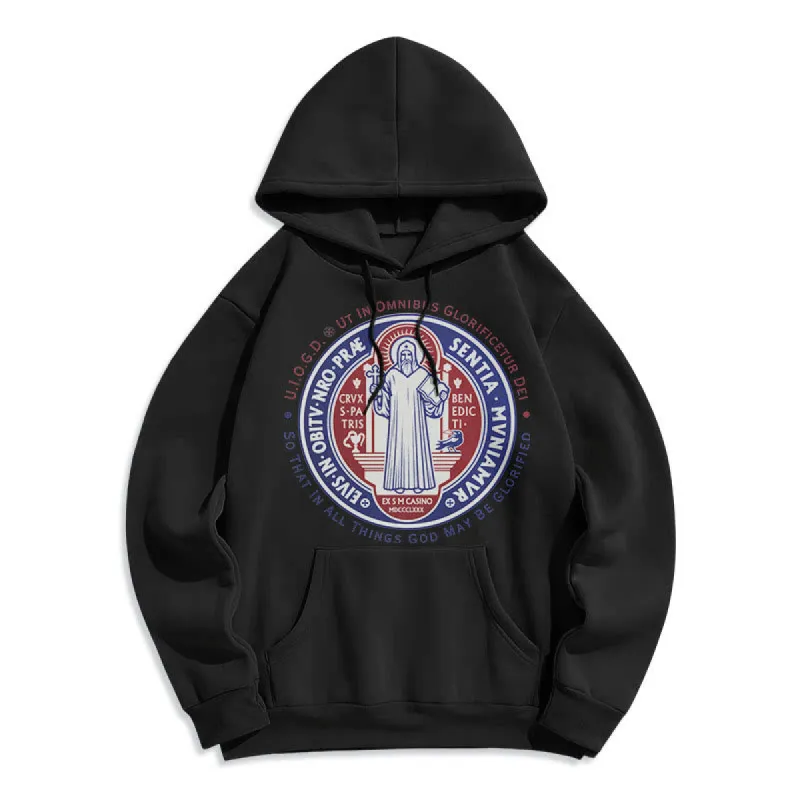 Christianartworkshop Classic Colored Style St. Benedict Medal Emblem Fleece Lined Polyester Hoodie sold by Christian Art Workshop