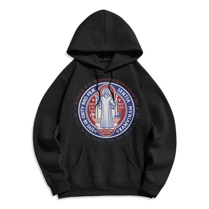 Christianartworkshop Classic Colored Style St. Benedict Medal Emblem Fleece Lined Polyester Hoodie sold by Christian Art Workshop
