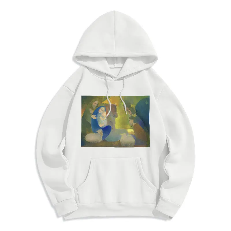 Christianartworkshop Classic Colored Style Nativity Scene Holy Night Fleece Lined Polyester Hoodie sold by Christian Art Workshop