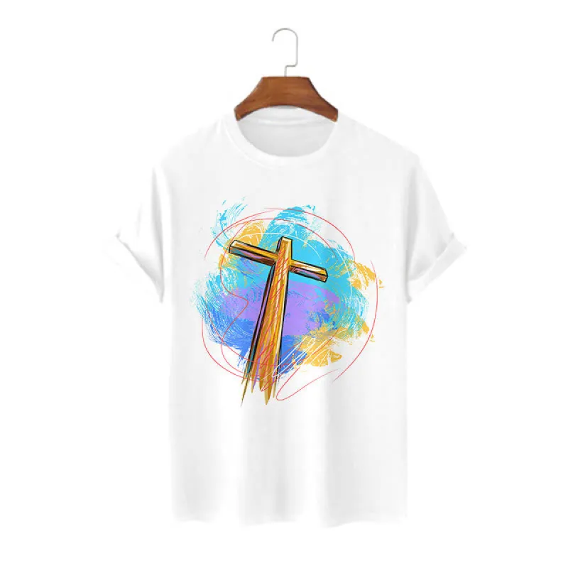 Christianartworkshop Colored Style Blessing Cross Short Sleeve Washed T-shirt sold by Christian Art Workshop