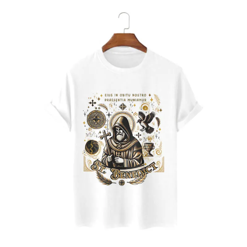Christianartworkshop Classic Style St. Benedict Blessing Graphic Short Sleeve T-shirt sold by Christian Art Workshop