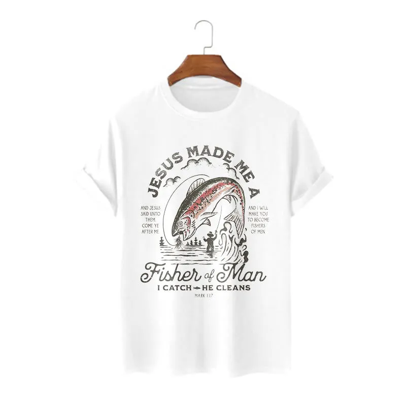 Christianartworkshop Quotaion Style Jesus Made Me A Fisher Of Man Short Sleeve T-shirt sold by Christian Art Workshop